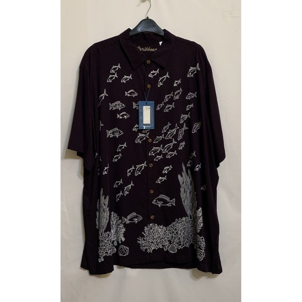 Caribbean Roundtree Yorke Mens Size XXL Shirt Dark Plum Aquatic Depths Fish NWT